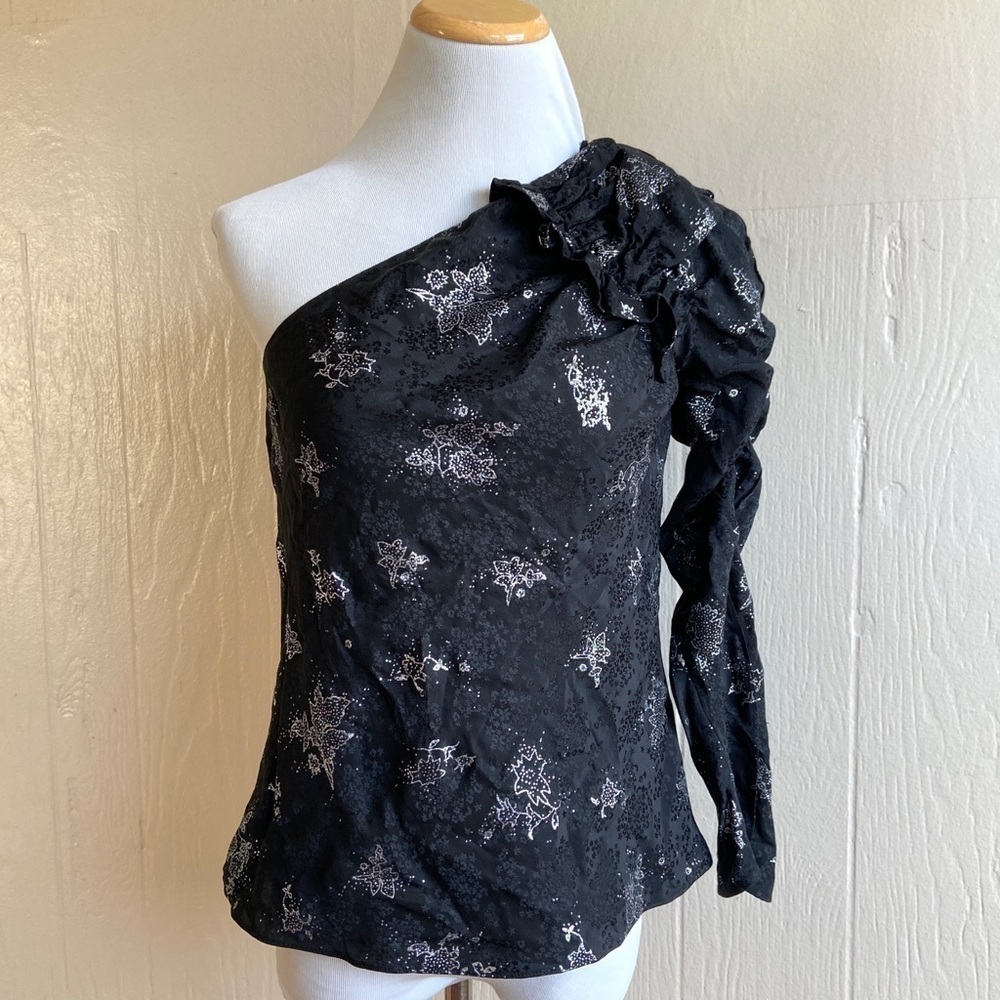 Rebecca Taylor One Shoulder Glitter Silk Top In Black/ Silver